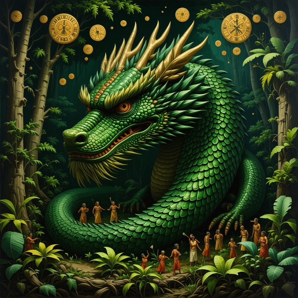 Illustration showing Kukulkán serpent intertwined with Maya calendar symbols and community rituals in jungle