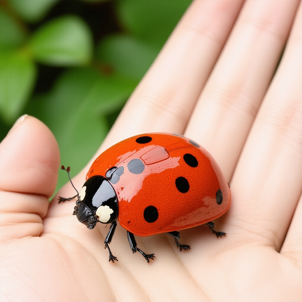 Close-up of a red ladybug with black spots on a person's hand representing luck and mindfulness