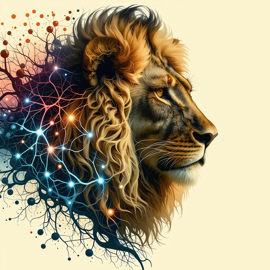 Digital artwork of a lion blended with neural pathways representing African animal symbolism and cognitive neuroscience