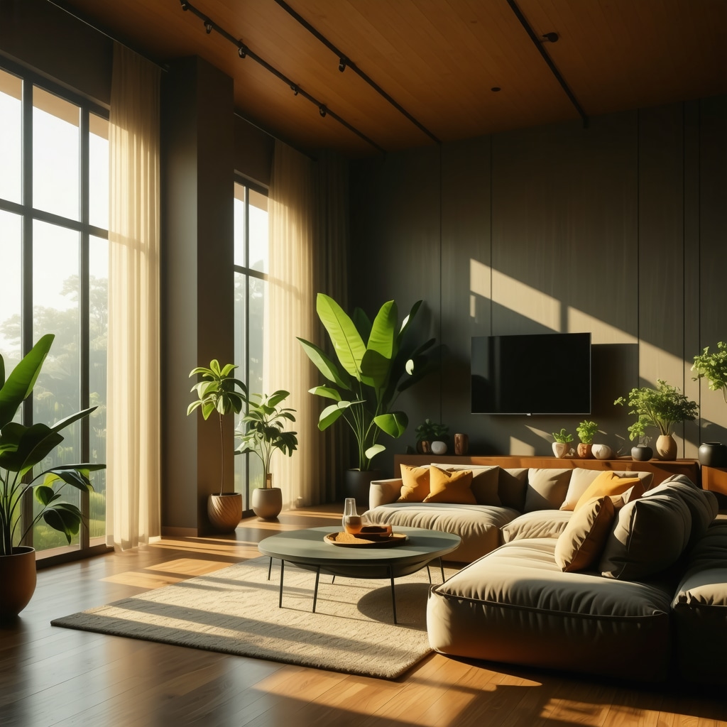 Interior of a living room illuminated by sunlight through windows, symbolizing connection with solar energy