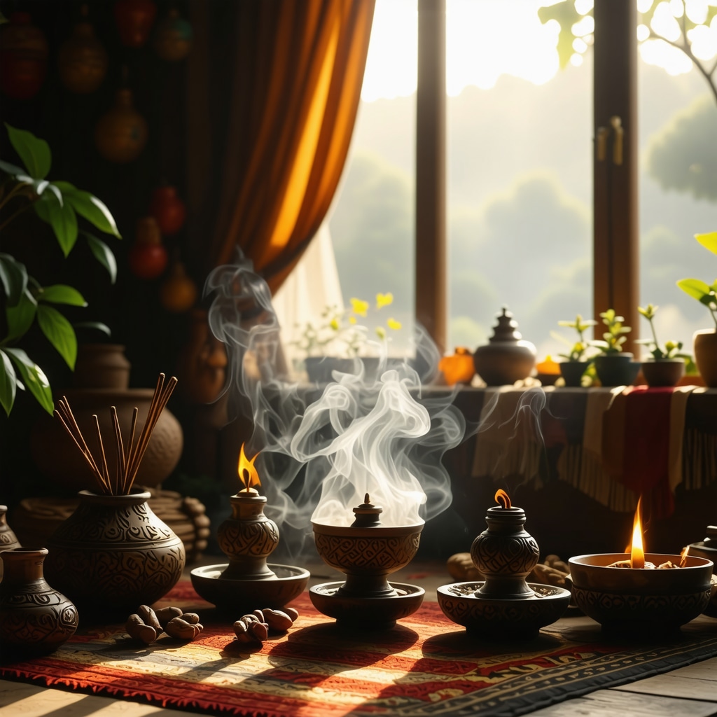 Cozy living room with traditional Salvadoran amulets and soft incense smoke creating a harmonious spiritual atmosphere