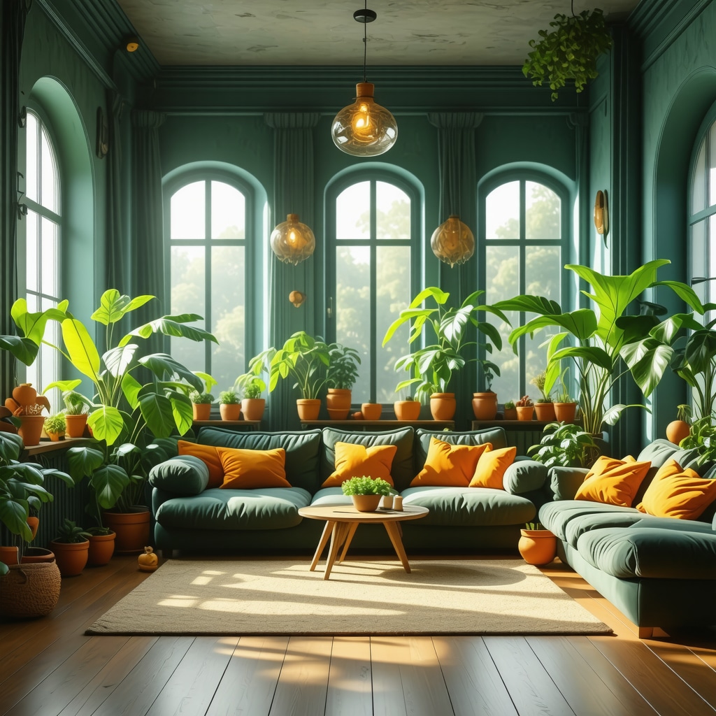 Living room painted in soft green and blue with orange and yellow accents creating a balanced, energetic atmosphere