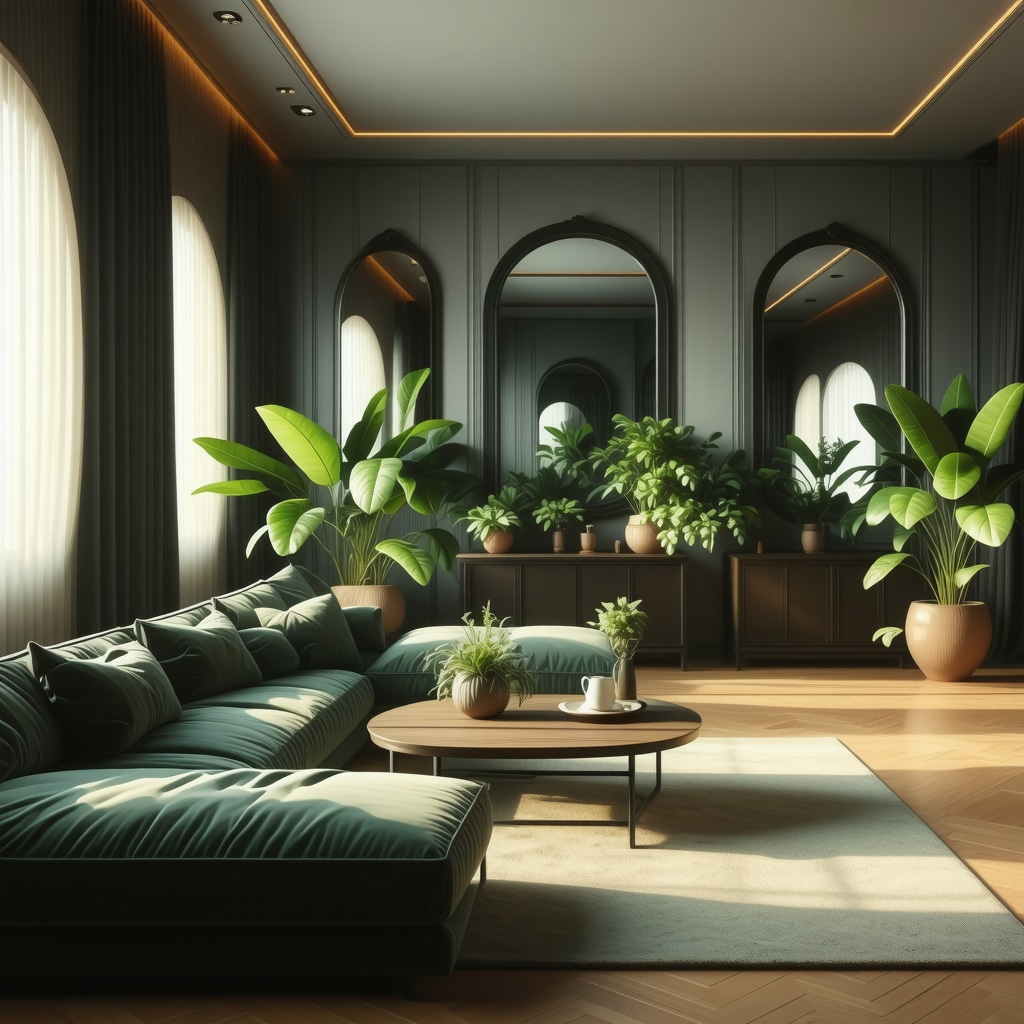 Living room with mirrors reflecting natural light and plants to enhance energy flow
