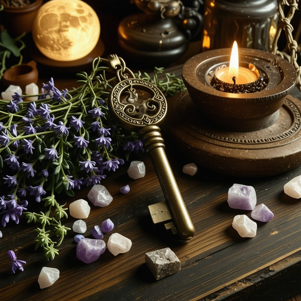 Llave antigua sobre altar con hierbas y cristales iluminada por luz de luna para ritual de protección