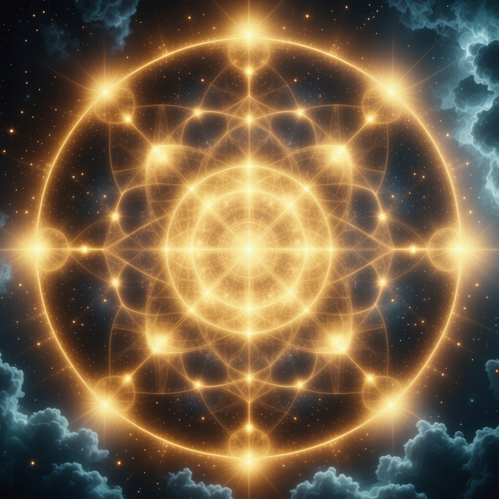 Mandala and sacred geometric shapes glowing in a serene environment for spiritual therapy