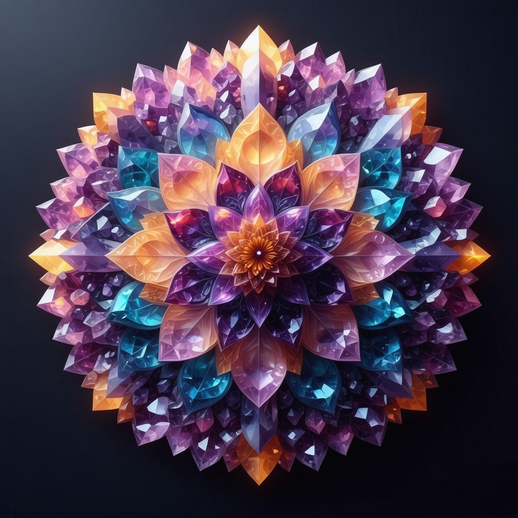 Mandala avanzado con colores del arco iris y cristales energéticos para rituales de prosperidad