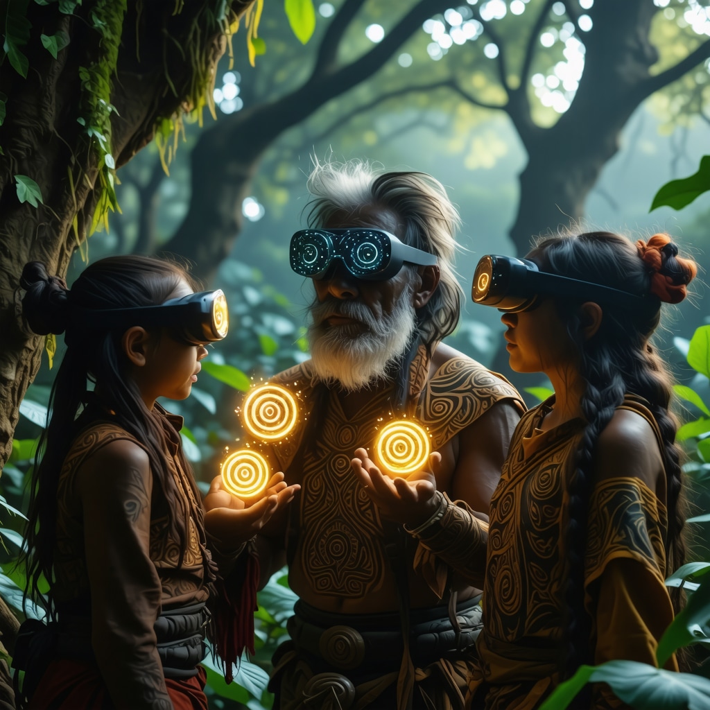 Maori elder and young people experiencing Maori folklore through augmented reality with koru and mana symbols in a forest setting