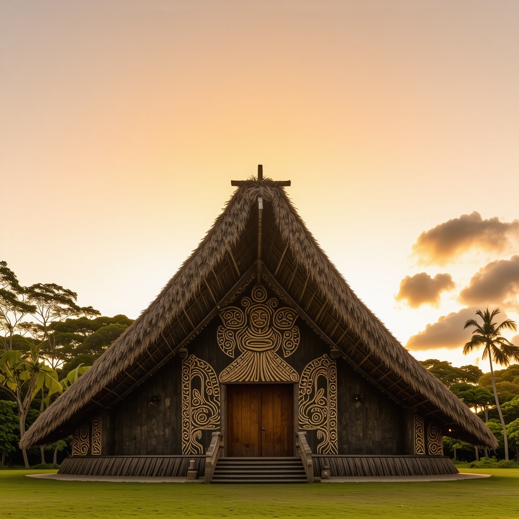 Traditional Polynesian marae with celestial alignment and detailed carvings