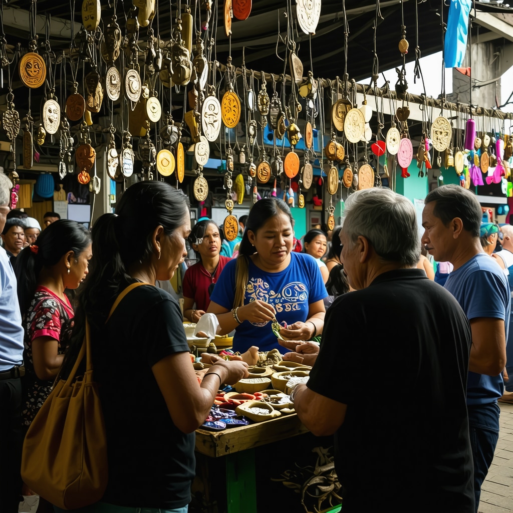 Honduran urban market with people, amulets, and ritual objects blending tradition and modernity