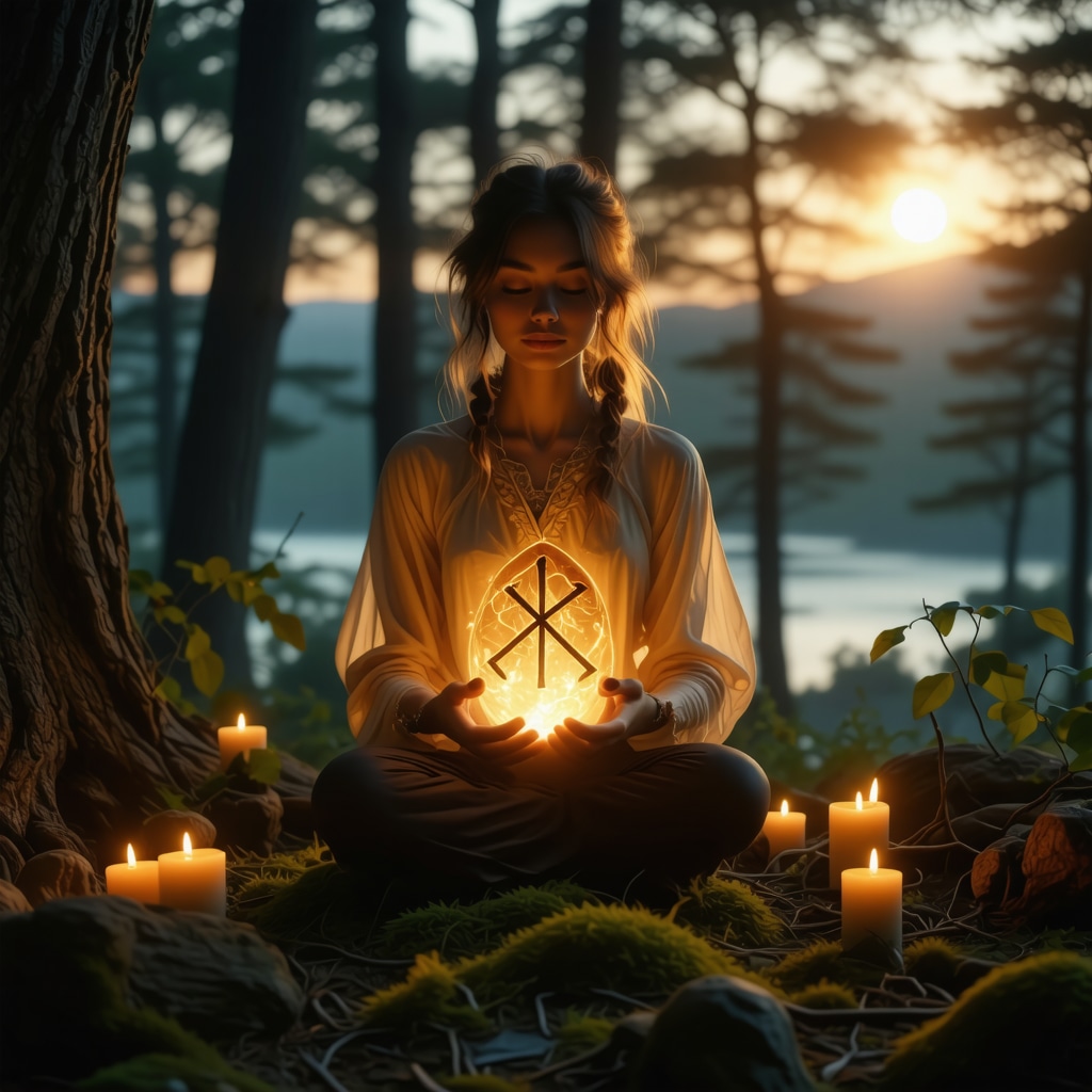 Persona meditando con una runa Fehu luminosa en un bosque nórdico durante el crepúsculo
