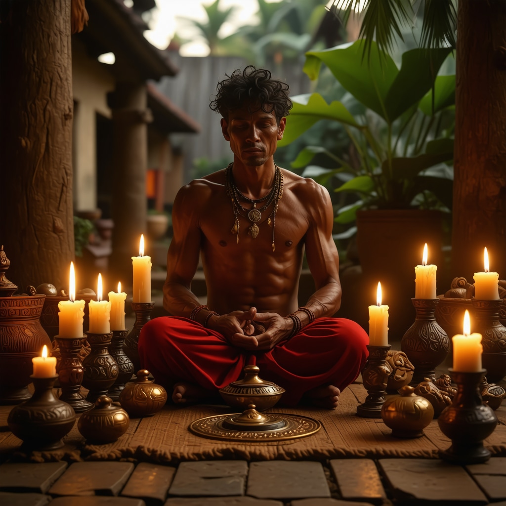 Persona meditando con amuletos santería y velas, mostrando energía espiritual y científica