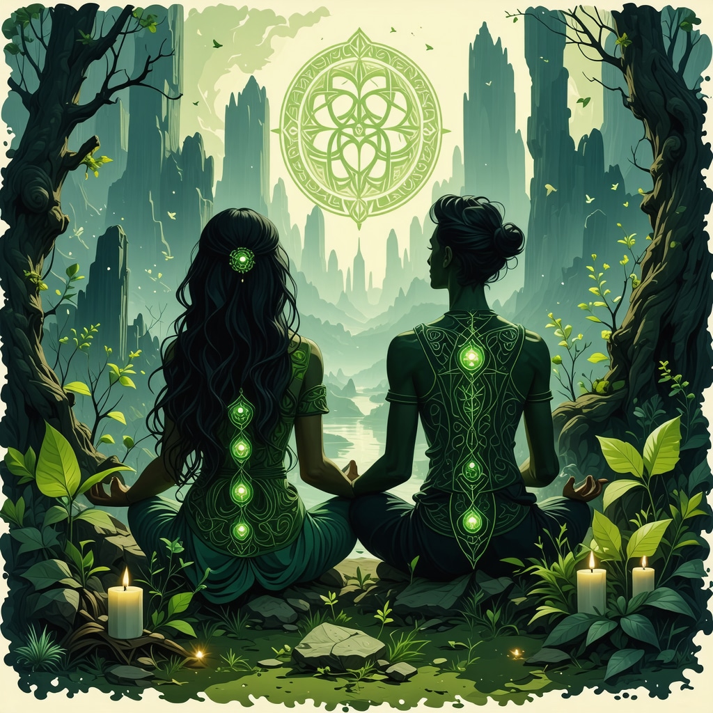 Pareja meditando con símbolos celtas y naturaleza en entorno urbano