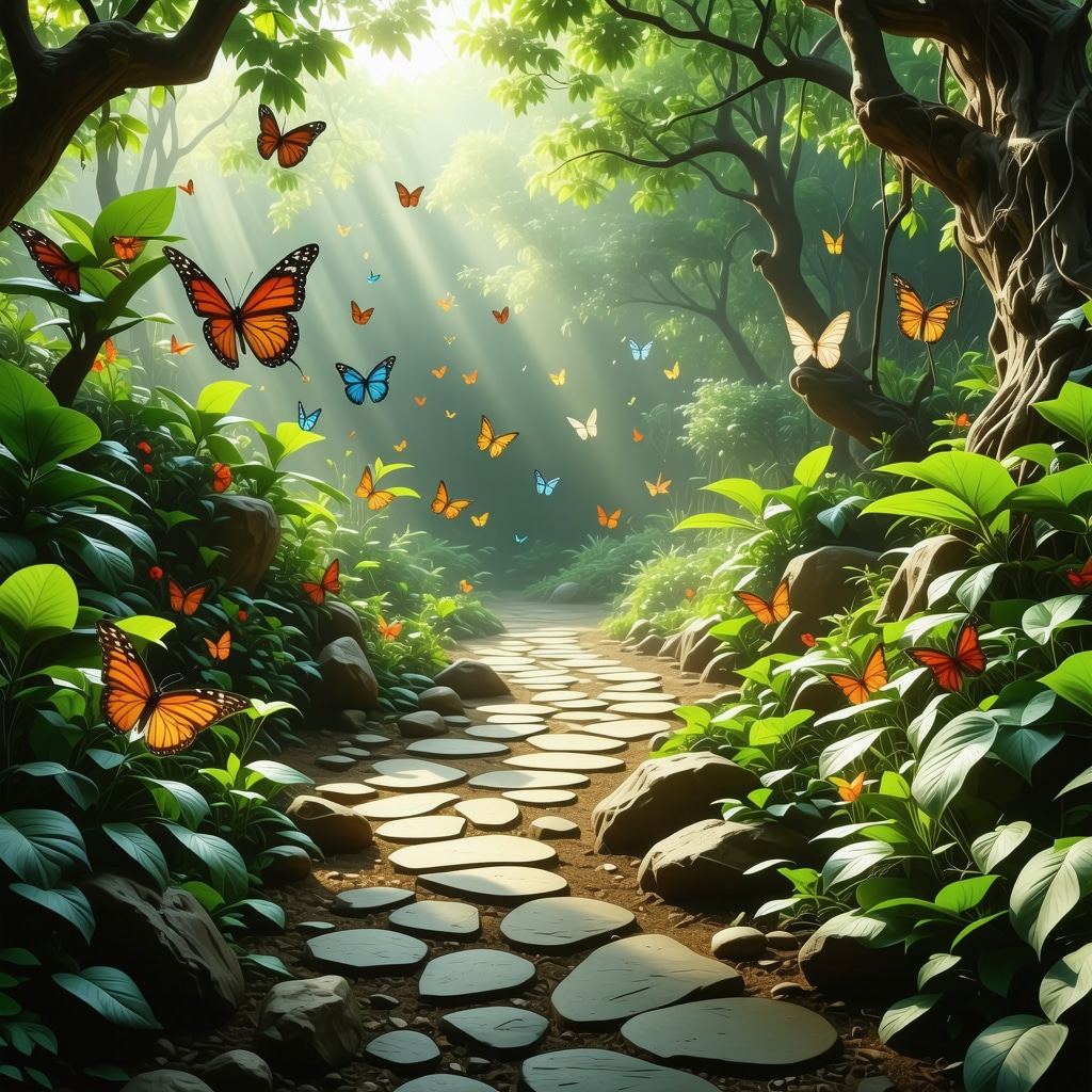 Serene garden with sculptures and pathways featuring butterfly motifs symbolizing transformation and renewal