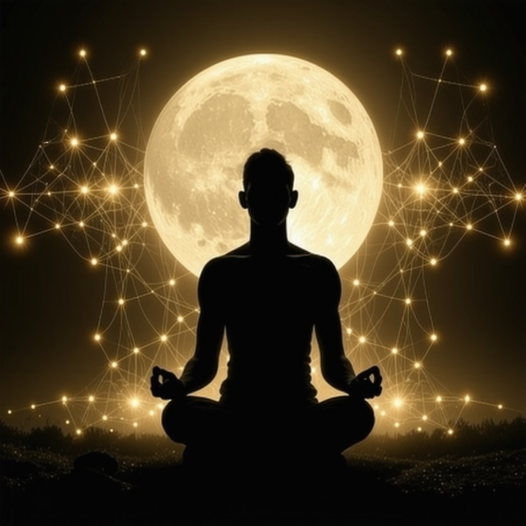 Human silhouette meditating under full moon with glowing bioenergetic and neural network visuals
