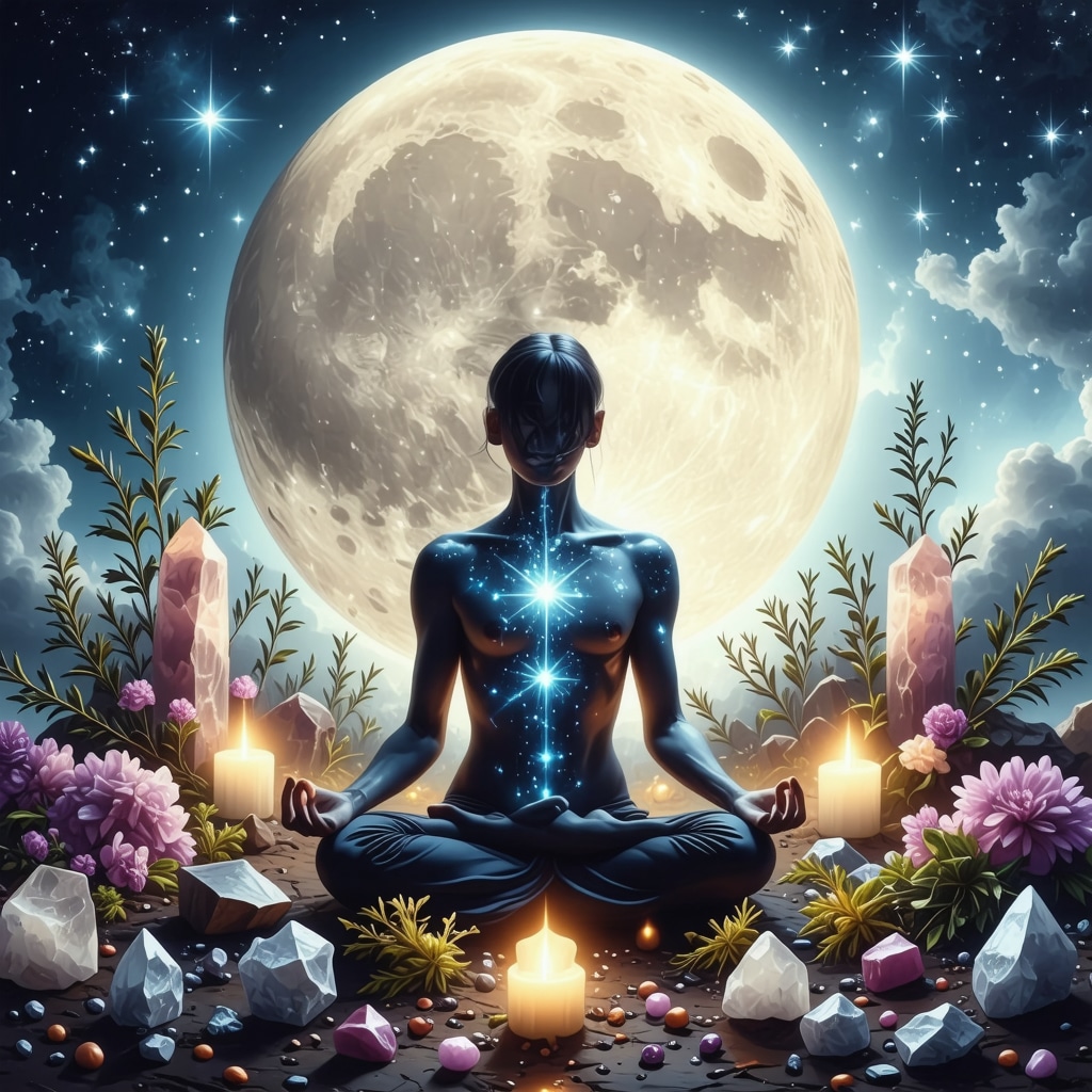 Person meditating under a glowing full moon surrounded by crystals and herbs representing lunar energy and wellbeing