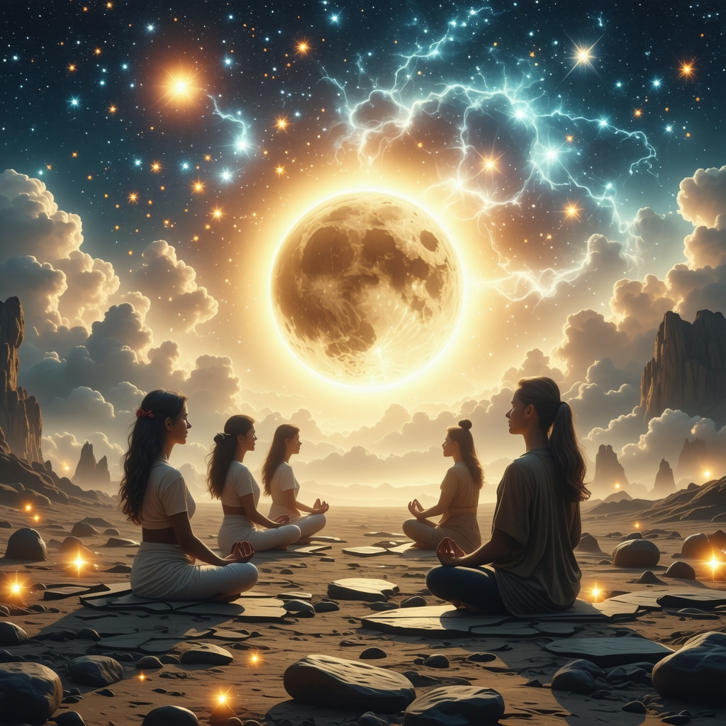 People meditating under a solar eclipse with cosmic energy and ancient symbols