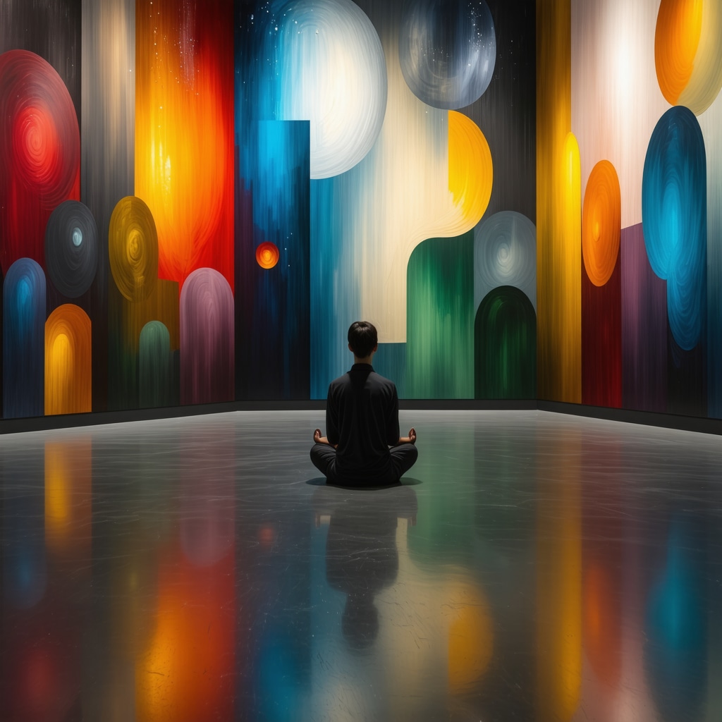 Person meditating surrounded by abstract art representing spiritual symbols and archetypes