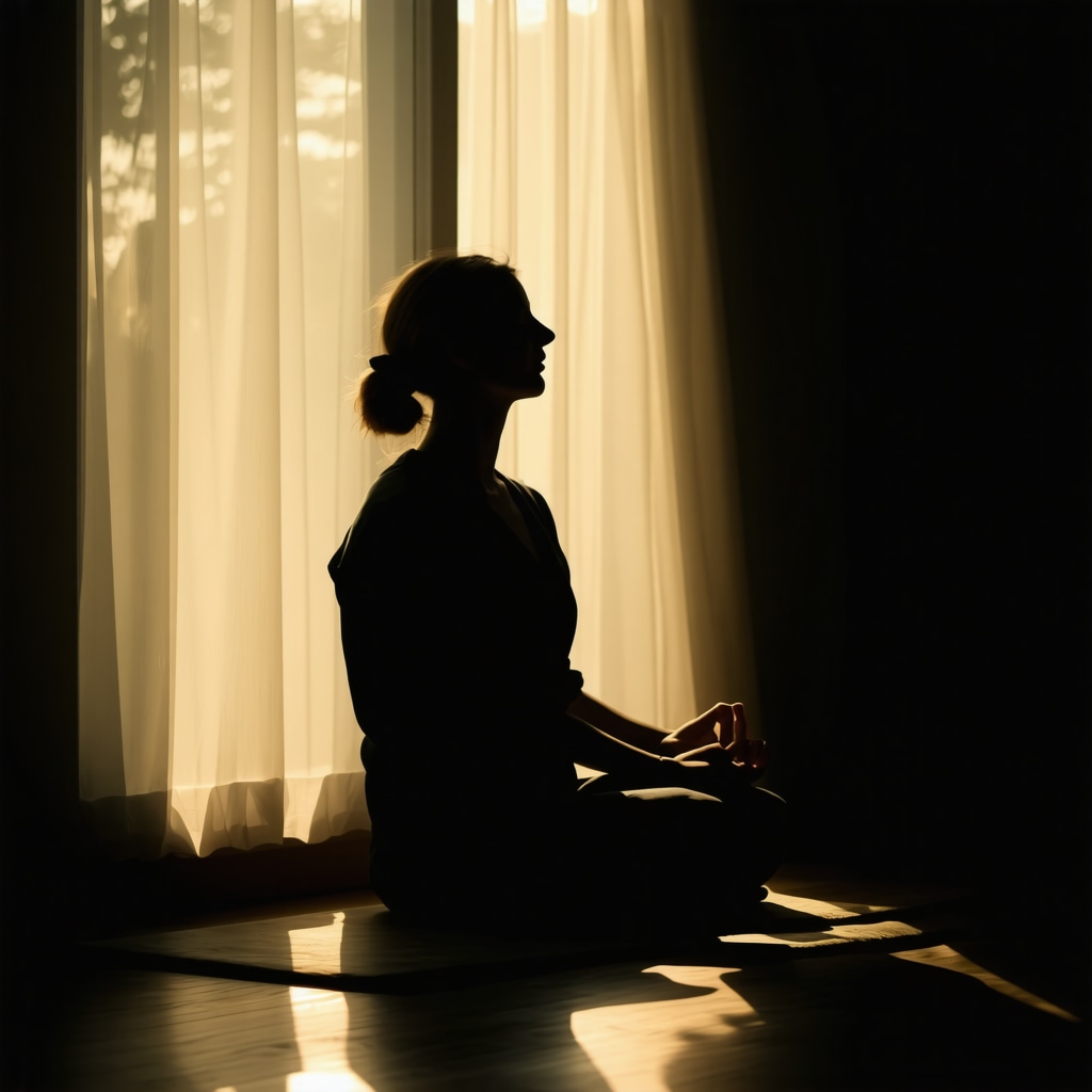 Person meditating peacefully in a room filled with warm morning sunlight