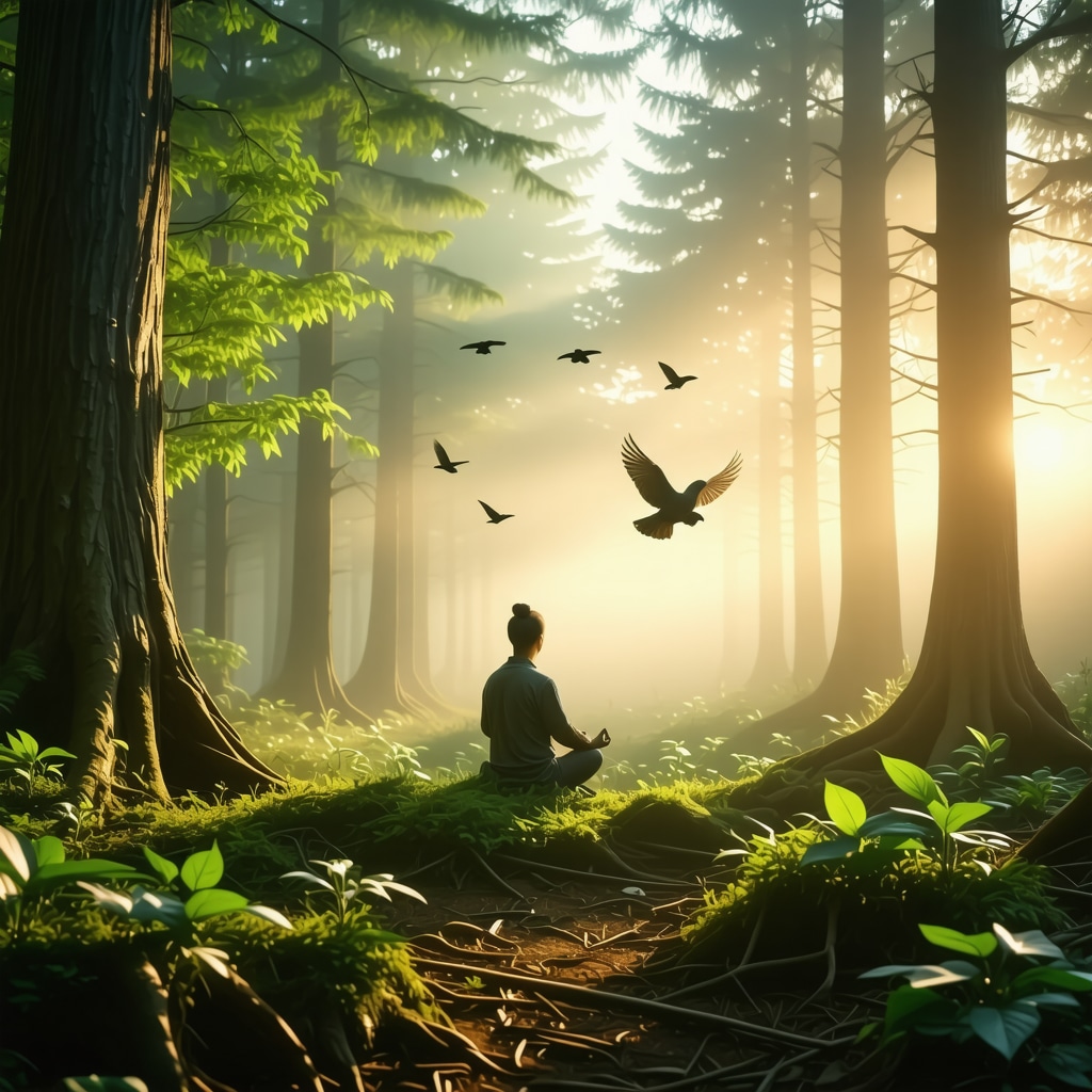 Person meditating in a forest with birds flying and soft light to represent natural energy vibrations