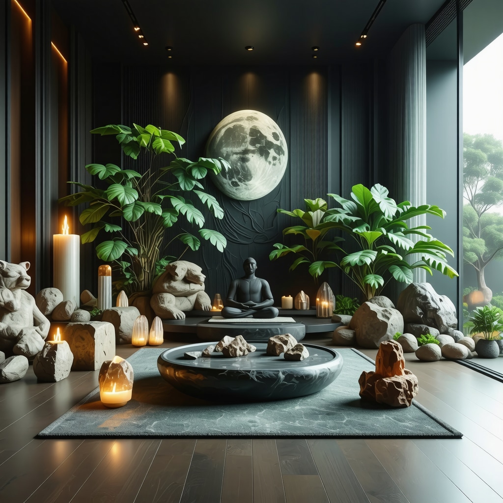 Modern meditation space with crystals, feng shui decor, animal symbols and biofeedback equipment