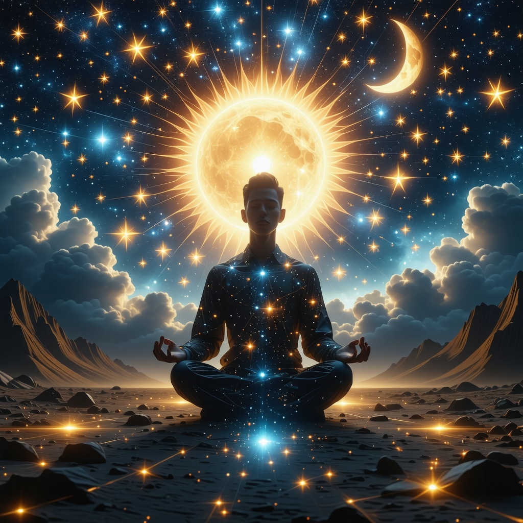Person meditating under night sky with digital celestial symbols representing sun, moon, and stars