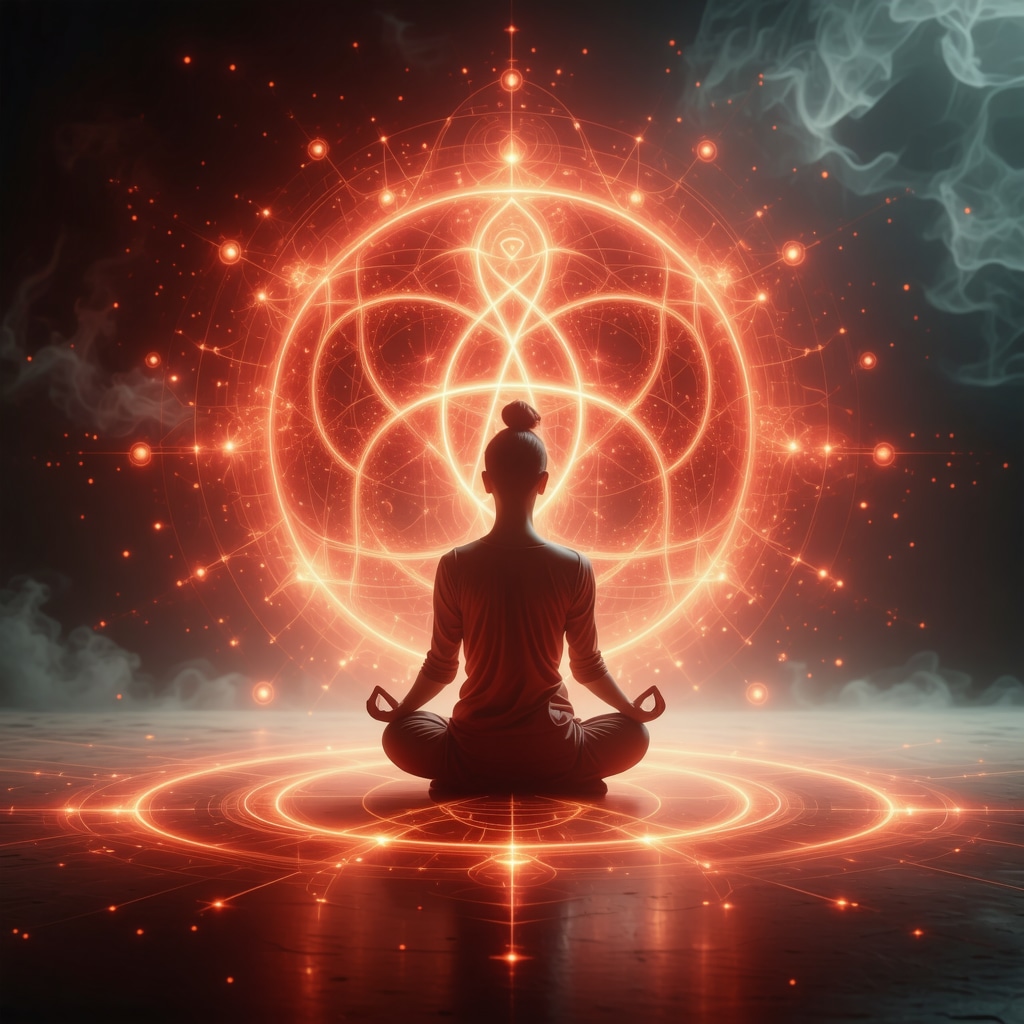 Person meditating with glowing red infinite knot symbol and sacred geometry patterns representing spiritual protection