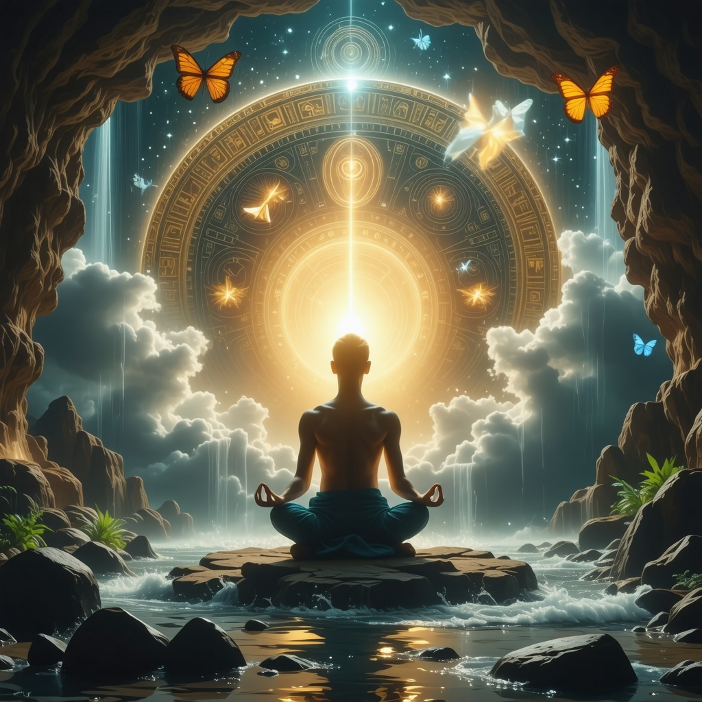 Person meditating with Nordic and Egyptian symbols and natural elements representing holistic health