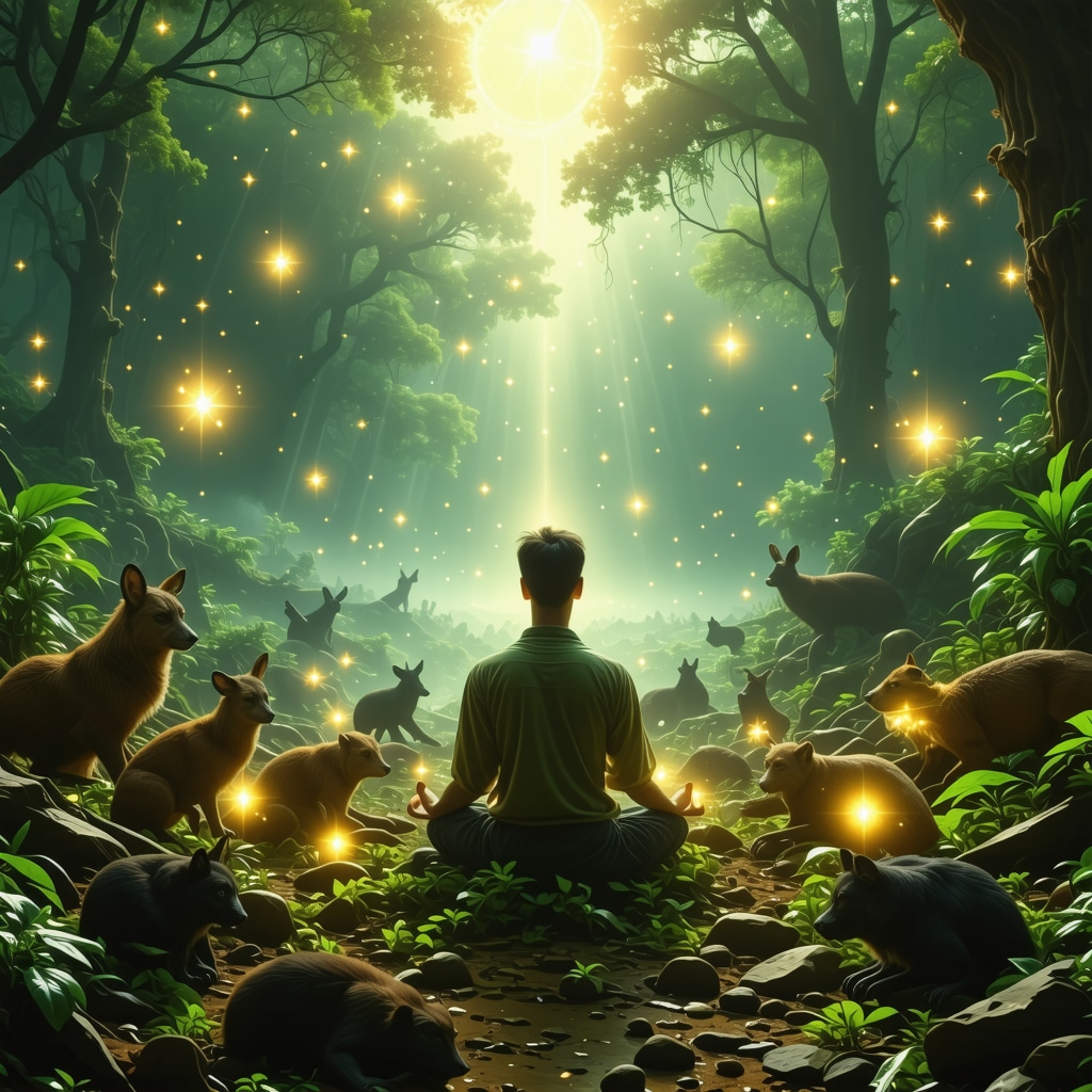 Person meditating in nature surrounded by glowing symbolic animals and plants representing spiritual energy