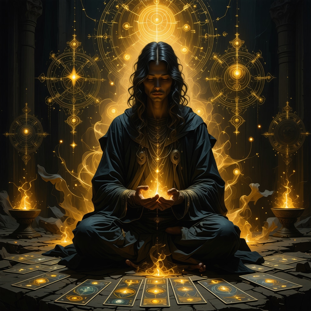 Person meditating surrounded by glowing ancient cards with mystical symbols representing deep psychological and cultural meanings