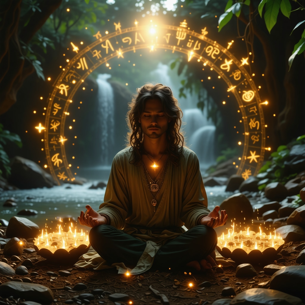 Person meditating surrounded by glowing runes and symbols representing love and emotional healing