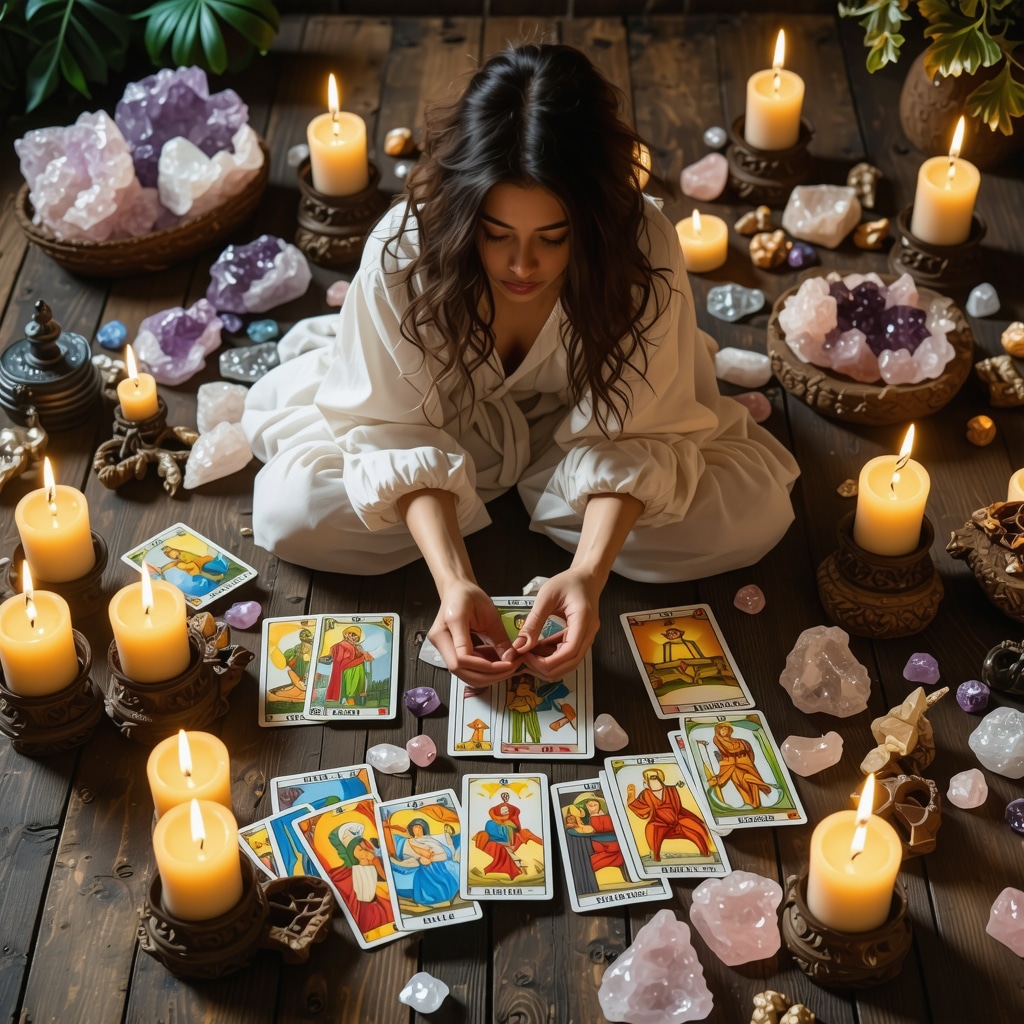Person meditating with tarot cards, crystals, and candles for love reading