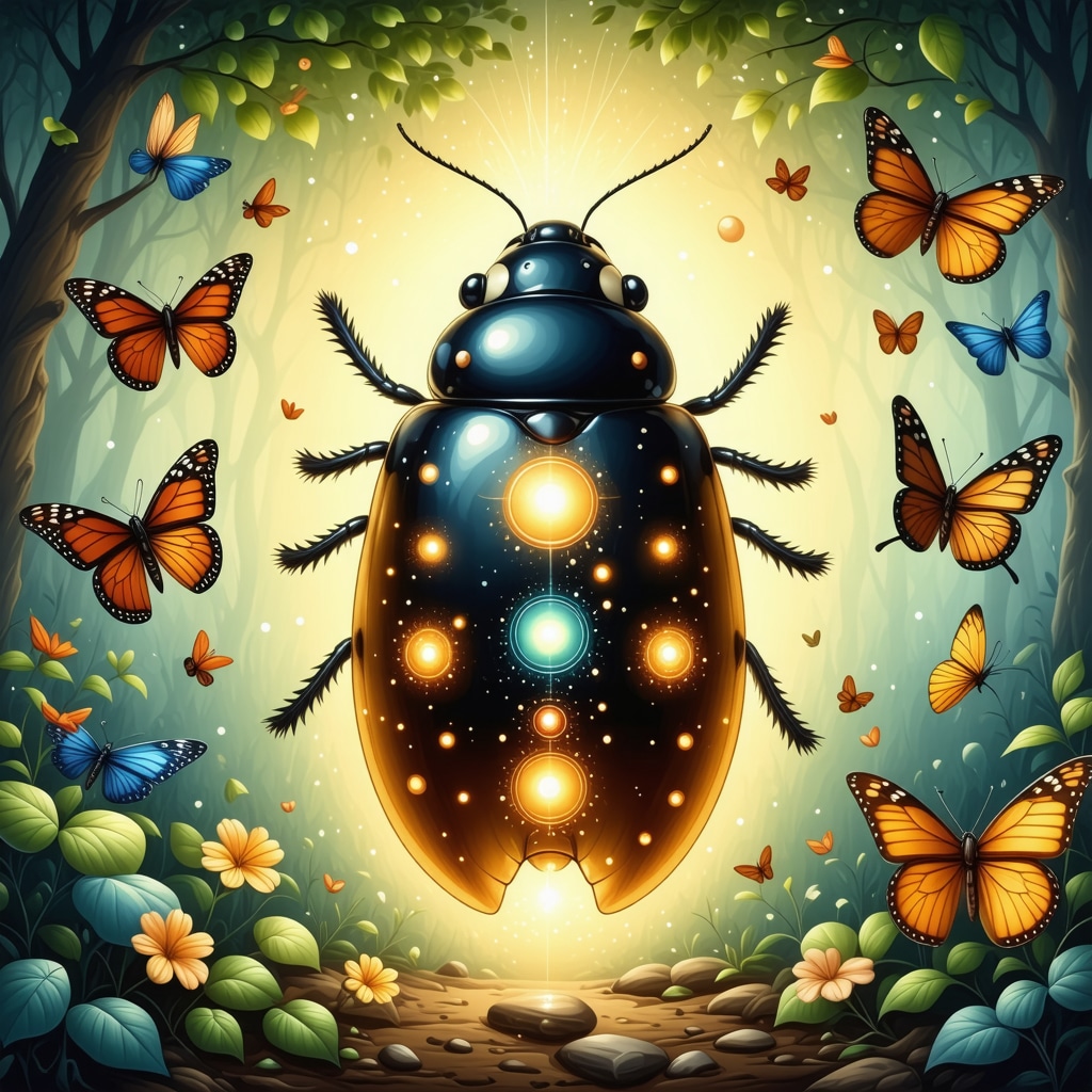 Ladybug undergoing metamorphosis with glowing chakras surrounded by symbolic butterflies and dragonflies in a mystical environment