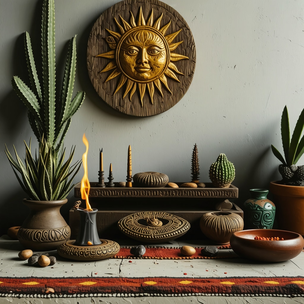 Altar with burning copal incense and traditional Mexican amulets symbolizing protection and prosperity