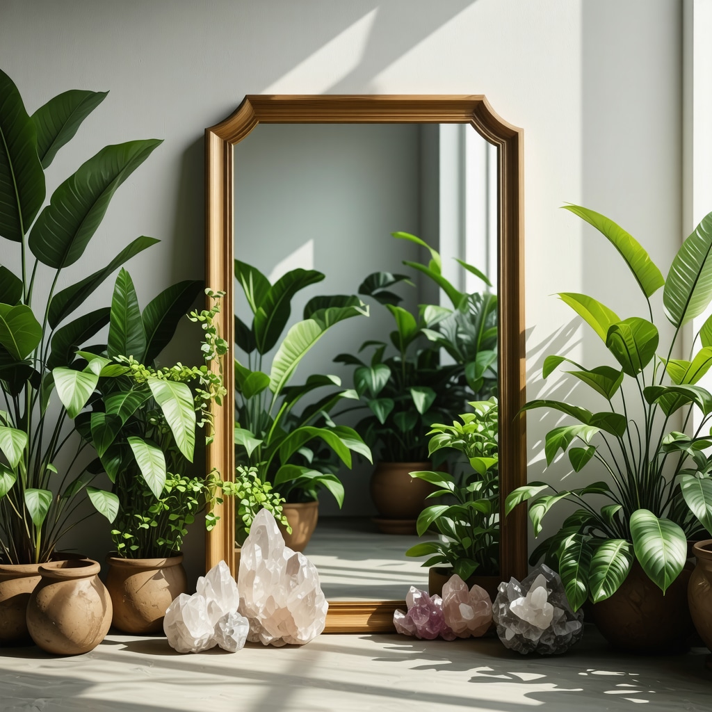 High-quality mirror with wooden frame reflecting natural light surrounded by plants and crystals symbolizing energy harmony