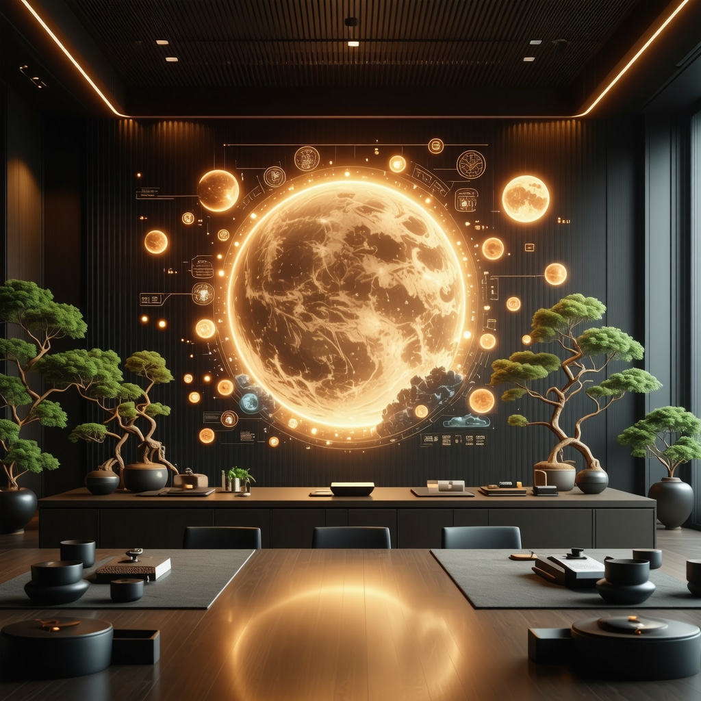 An office space combining feng shui traditional elements with digital holograms representing auspicious dates and rituals