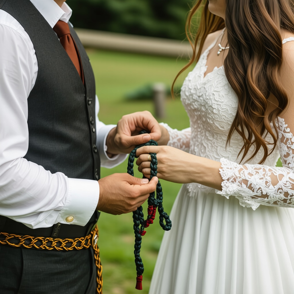 Couple engaged in a modern Celtic handfasting ritual surrounded by family and friends in a warm, intimate setting
