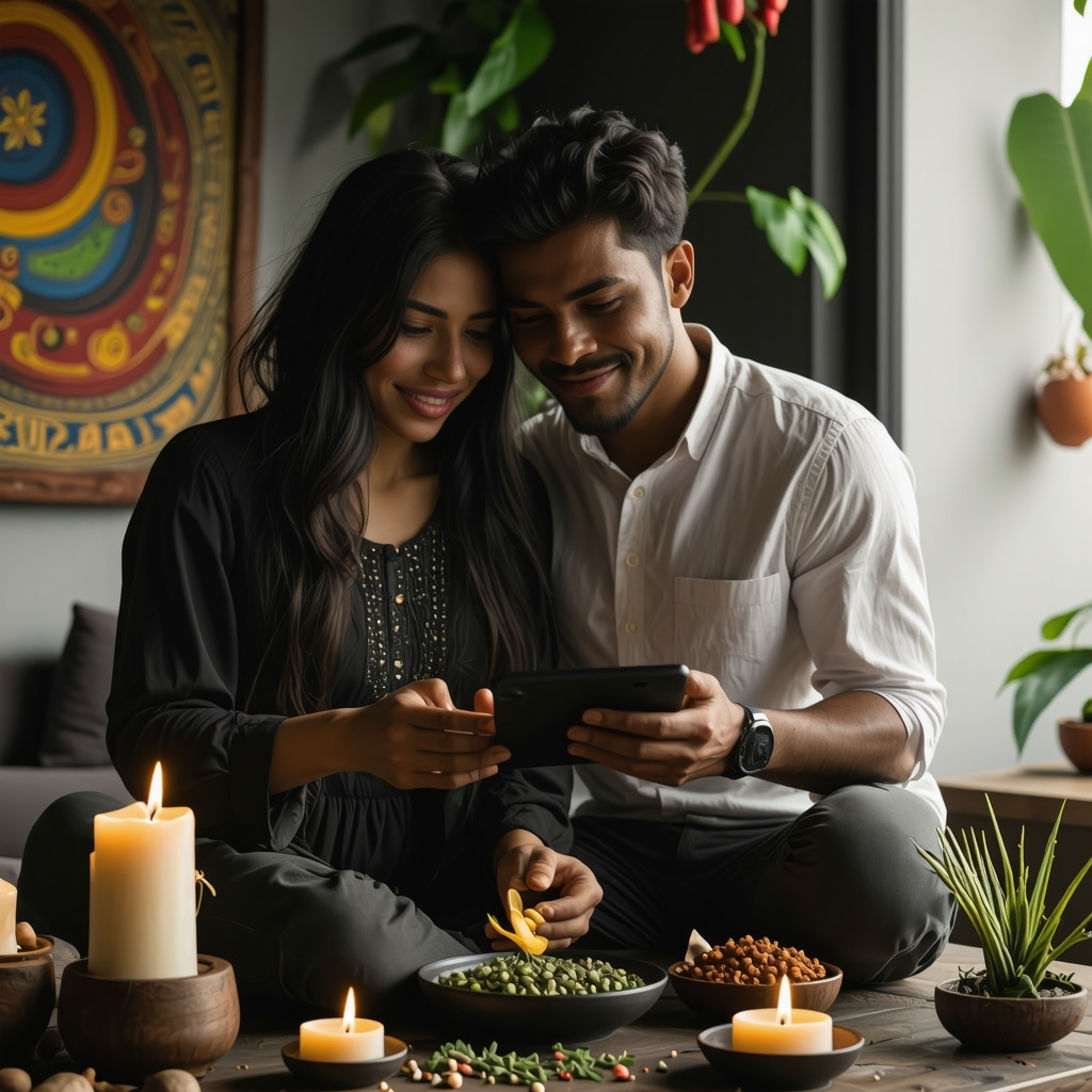 Couple performing a ritual with traditional herbs and candles alongside digital tablets in a Colombian urban home