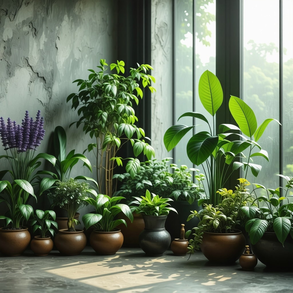 Indoor space featuring lavender, lotus, rosemary, jasmine plants symbolizing tranquility and spirituality