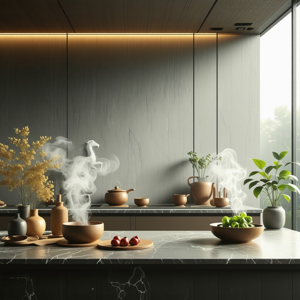 Modern kitchen featuring feng shui layout, symbolic decorations, aromatic diffusers, and smart technology devices