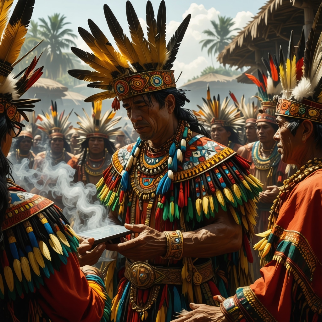 Modern community blending Aztec rituals and digital technology for prosperity