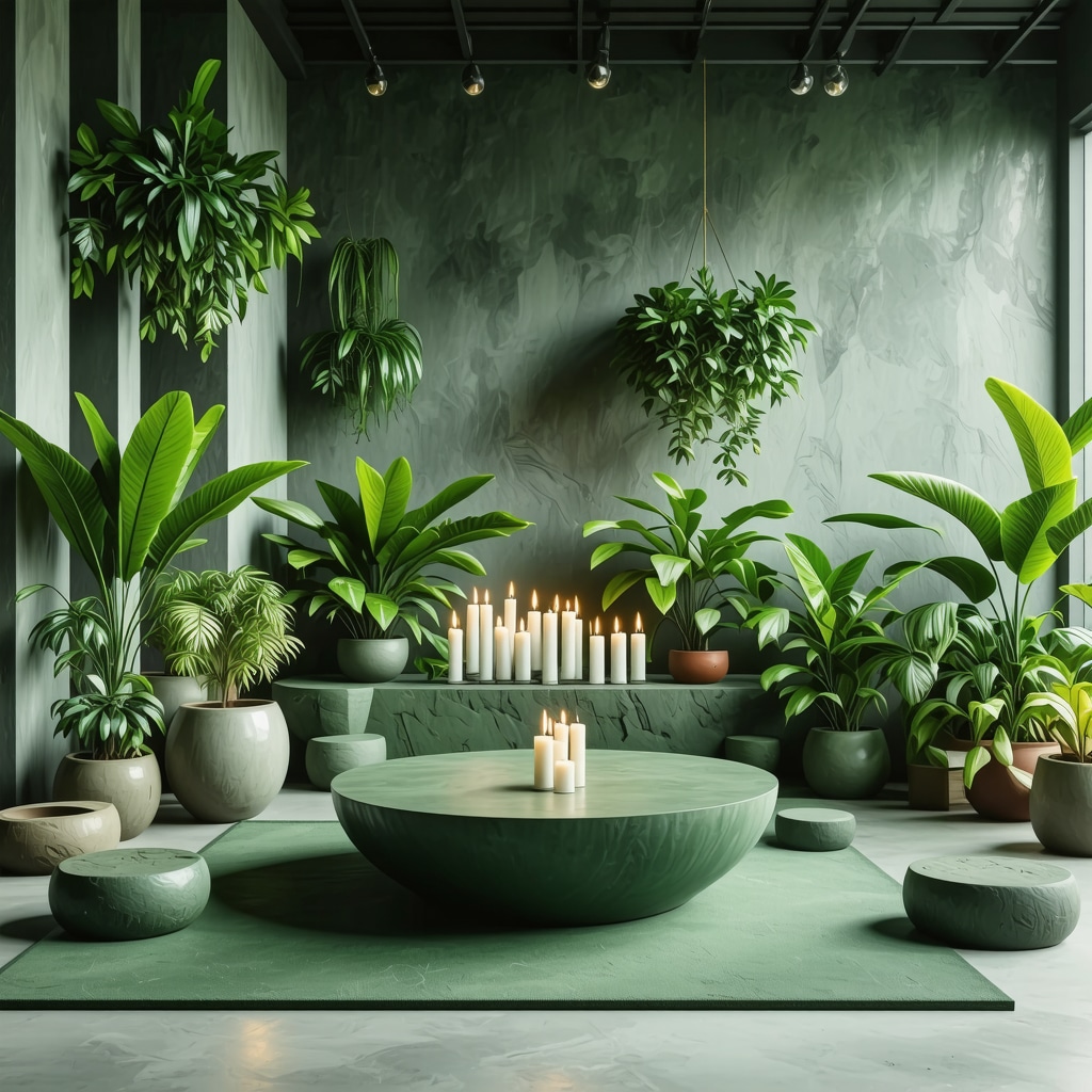 Office space with white candles, green plants, and geometric symbols blending tradition and modernity