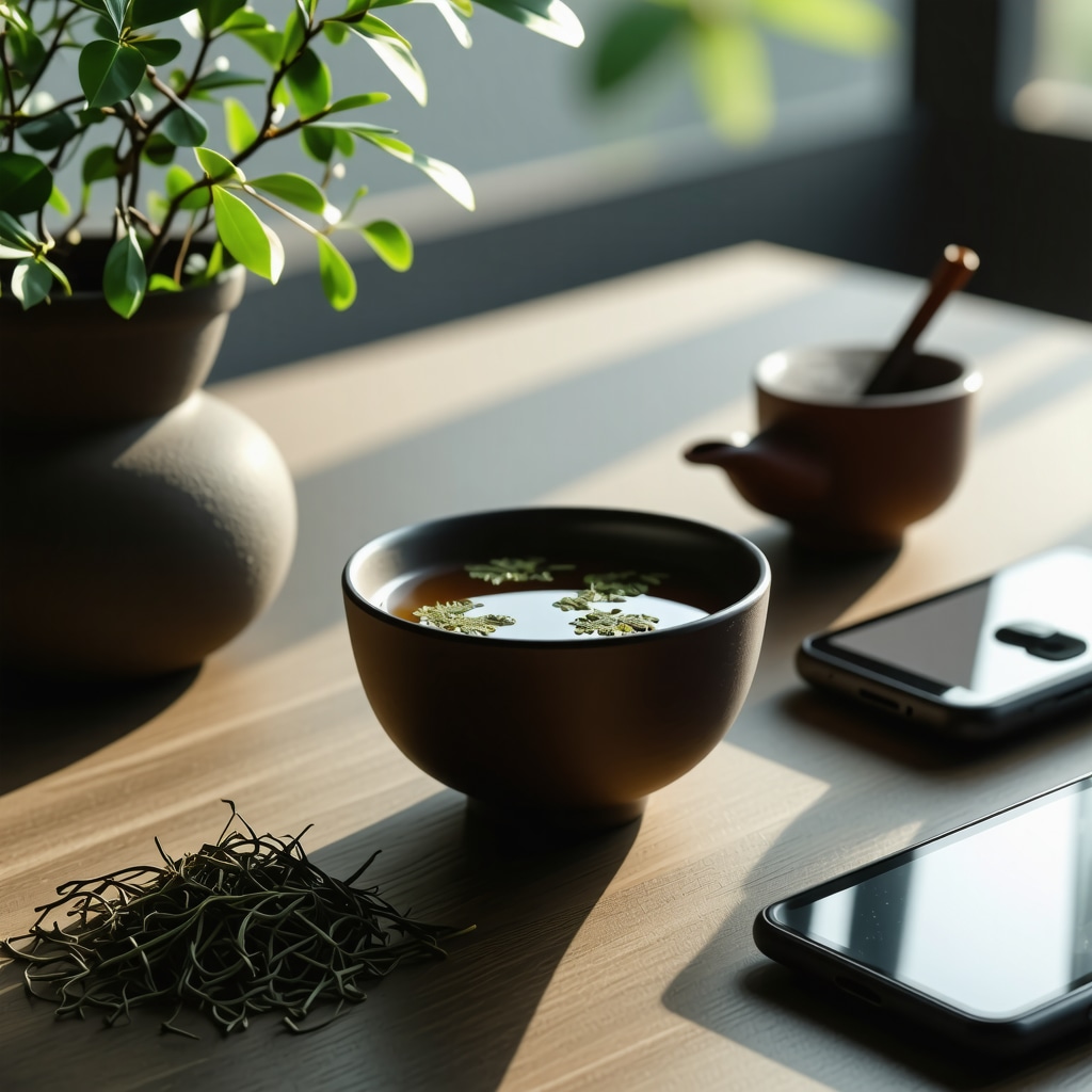 A serene tea ritual setting showing tea leaves, crystals, incense, and a smartphone in a softly lit room