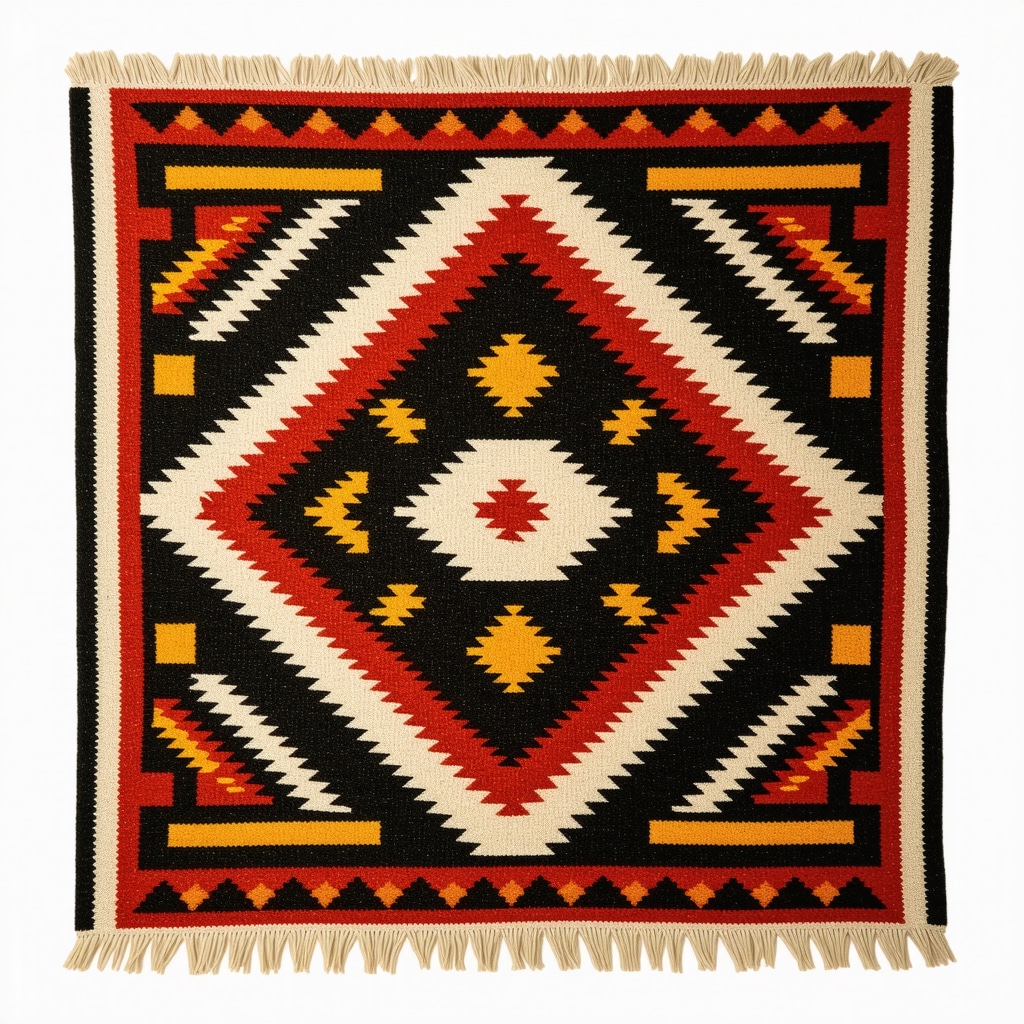 Textile showing ancient Inca geometric patterns combined with modern artistic elements