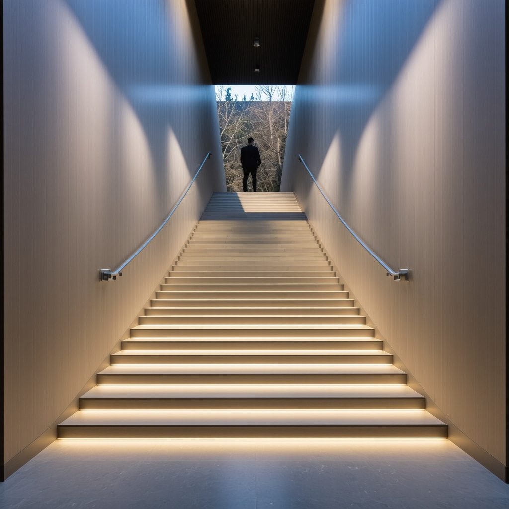 Modern architectural staircase integrating superstition symbolism and psychological comfort. Modern staircase featuring symbolic design elements and subtle barriers reflecting superstition and psychological wellbeing.