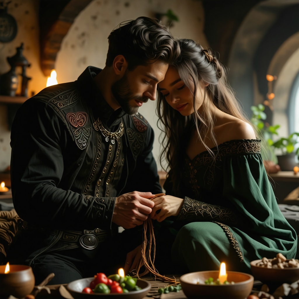 Couple practicing hand-tying ritual blending Celtic tradition and modern style