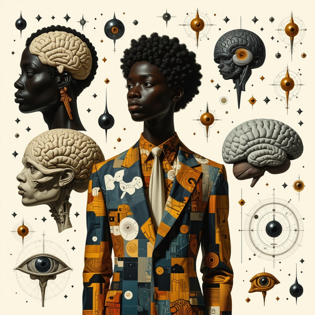 Collage of contemporary fashion featuring ancient symbols alongside brain activity diagrams