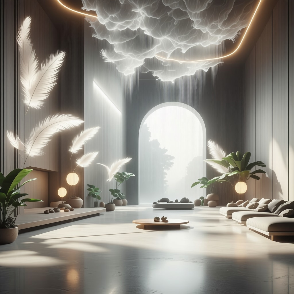 Modern interior blending traditional air symbols with advanced ventilation technology Modern interior showing airflow with traditional air ritual symbols and smart ventilation devices