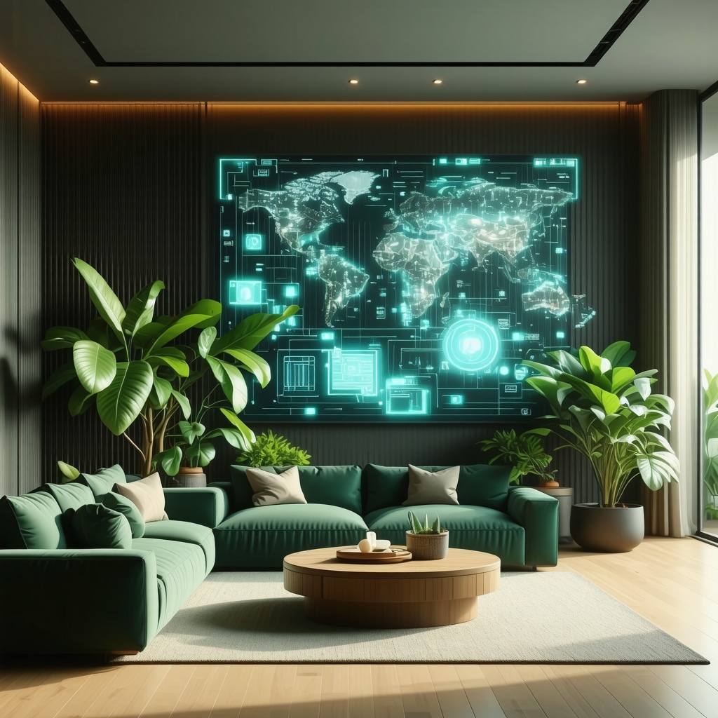 Modern living room with feng shui elements and digital overlays of energy flow