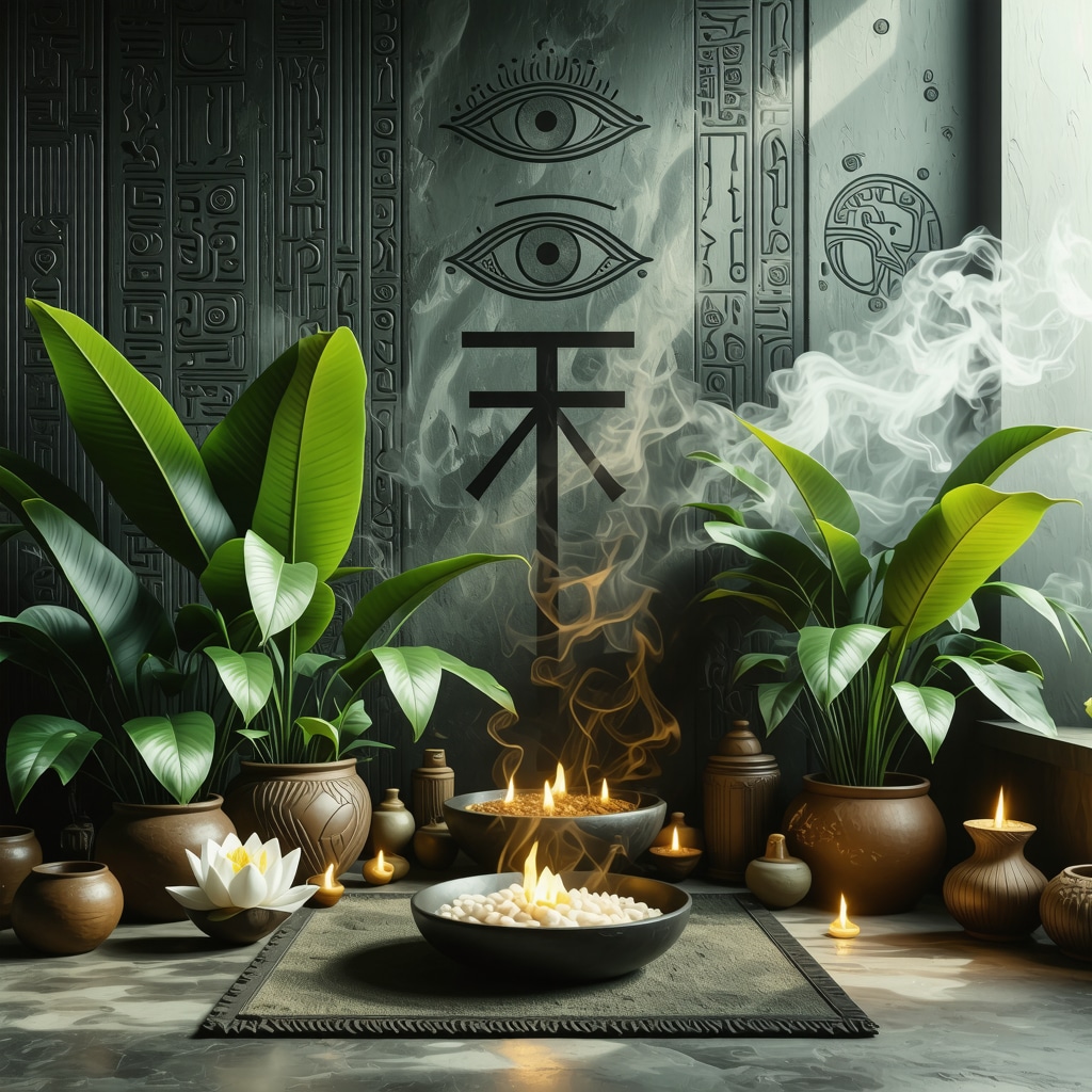 Meditation area showing Ankh and Eye of Horus symbols alongside lotus flowers and incense