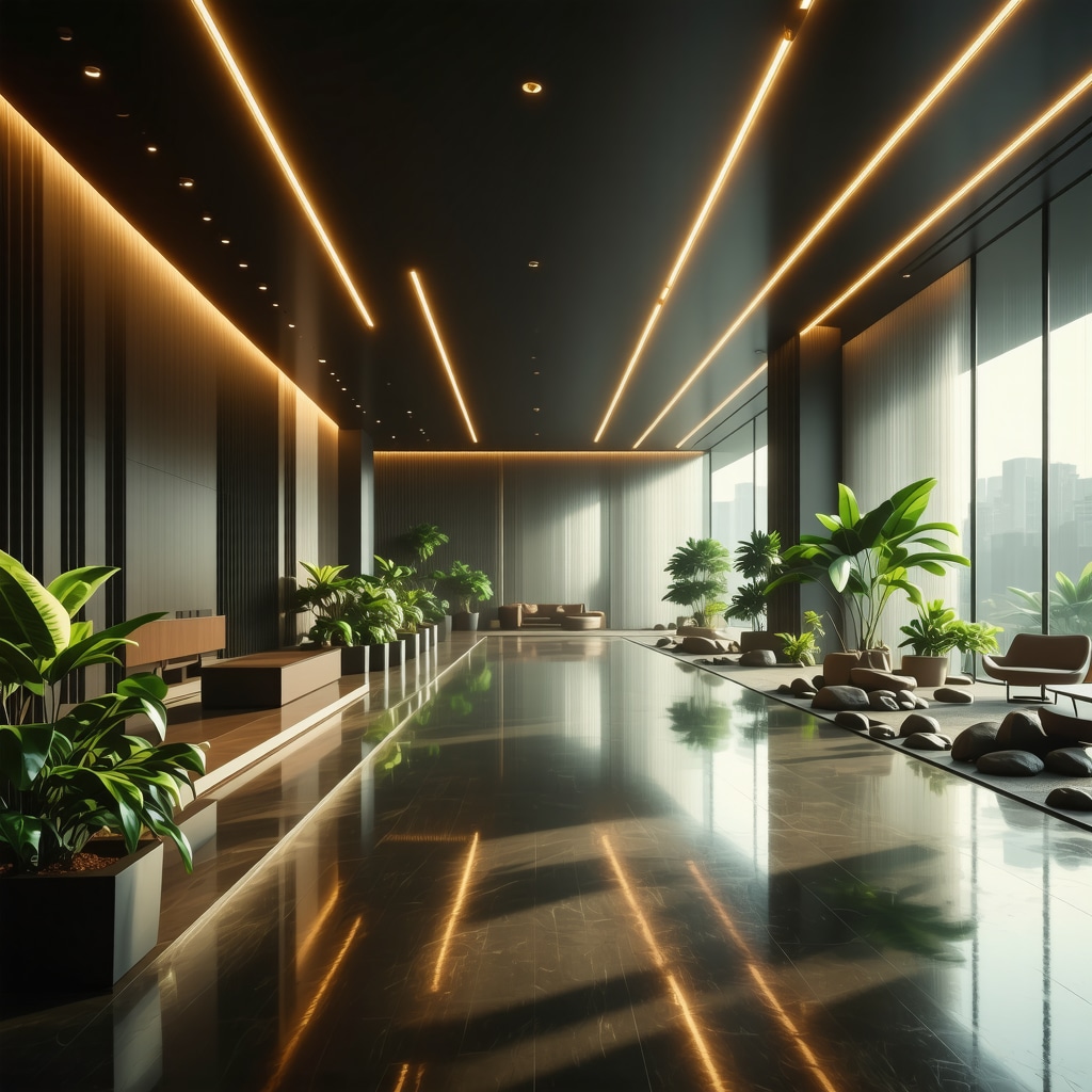 Corporate office space with feng shui elements like water features, plants, and balanced layout to promote productivity and financial flow